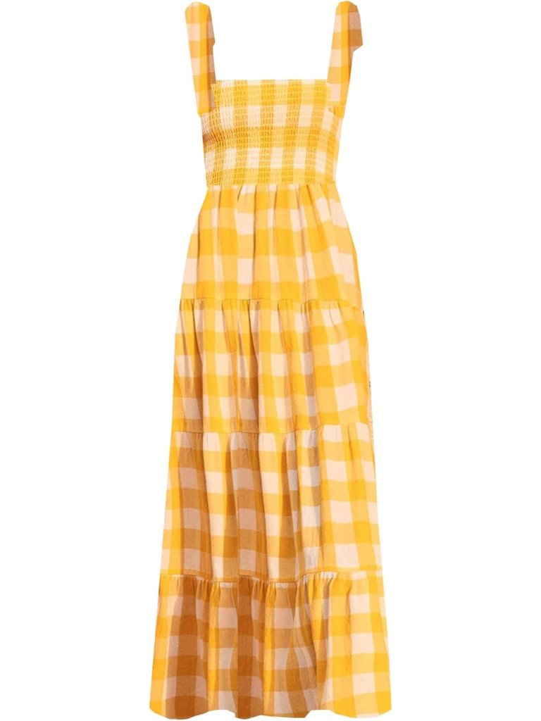 Women's Yellow Plaid Sleeveless Square Neck Ruffle Casual Imported Maxi Dress